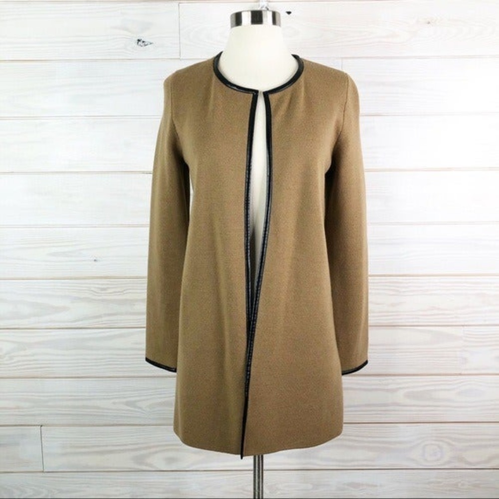 Talbots Tan Open Cardigan Sweater with Black Trim